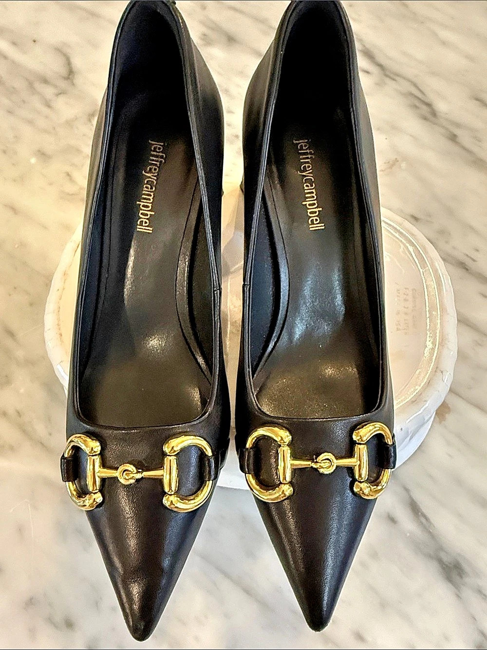 Jeffrey Campbell Black Pointed Toe Pumps with Gold Horsebit Hardware